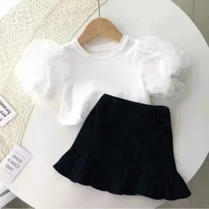 2024 Children Girls Seersucker Short-sleeved T-shirt   Denim Skirt Summer Ruffled Fishtail Jean Skirt 2 Pcs Clothing Sets