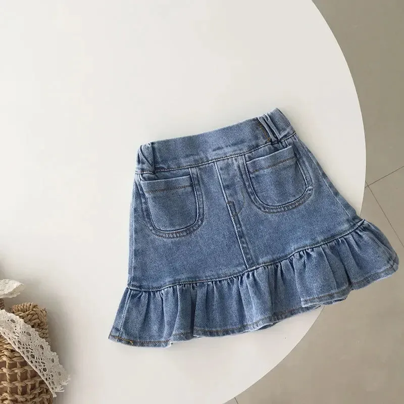 2024 Children Girls Seersucker Short-sleeved T-shirt   Denim Skirt Summer Ruffled Fishtail Jean Skirt 2 Pcs Clothing Sets