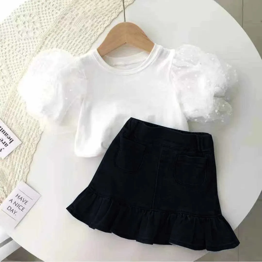 2024 Children Girls Seersucker Short-sleeved T-shirt   Denim Skirt Summer Ruffled Fishtail Jean Skirt 2 Pcs Clothing Sets
