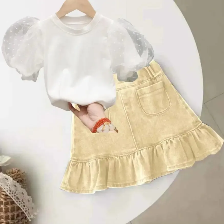 2024 Children Girls Seersucker Short-sleeved T-shirt   Denim Skirt Summer Ruffled Fishtail Jean Skirt 2 Pcs Clothing Sets