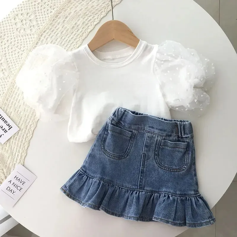 2024 Children Girls Seersucker Short-sleeved T-shirt   Denim Skirt Summer Ruffled Fishtail Jean Skirt 2 Pcs Clothing Sets