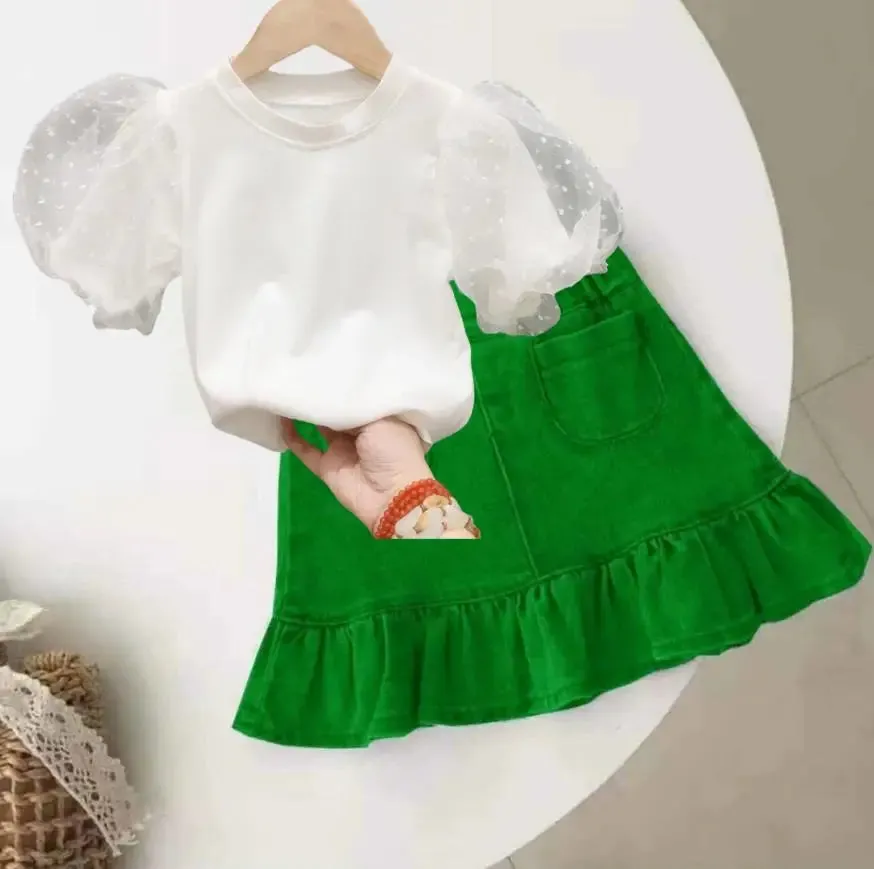 2024 Children Girls Seersucker Short-sleeved T-shirt   Denim Skirt Summer Ruffled Fishtail Jean Skirt 2 Pcs Clothing Sets