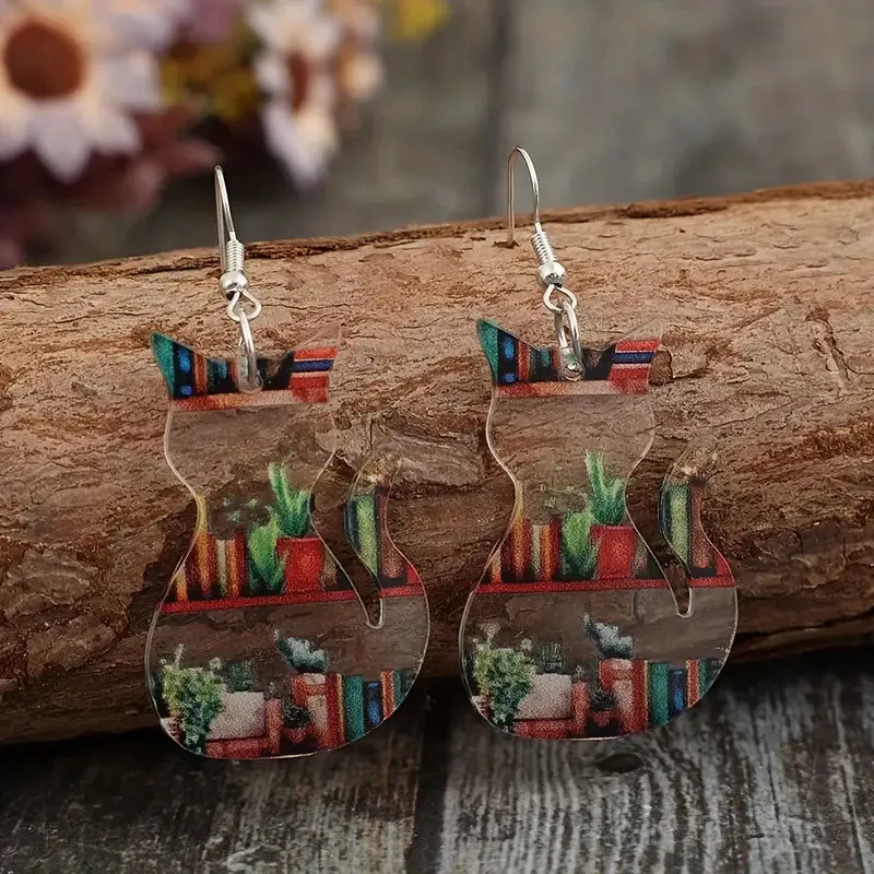 Acrylic Cat Shaped Earrings With Books And Plants