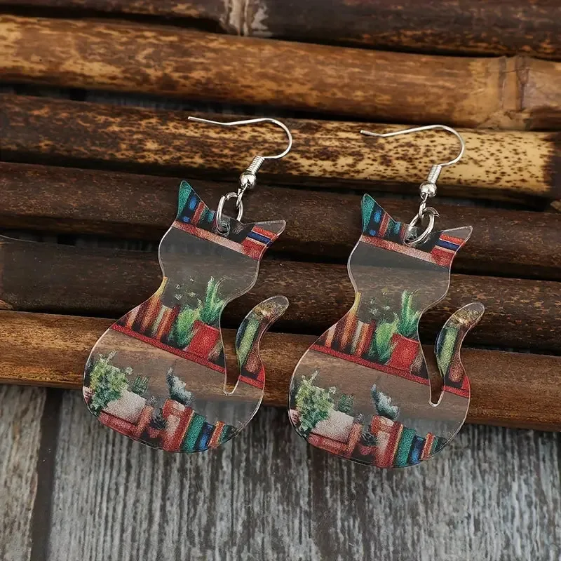 Acrylic Cat Shaped Earrings With Books And Plants