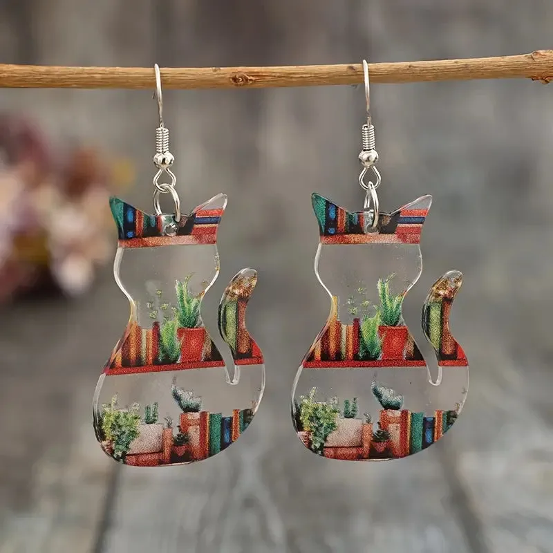 Acrylic Cat Shaped Earrings With Books And Plants