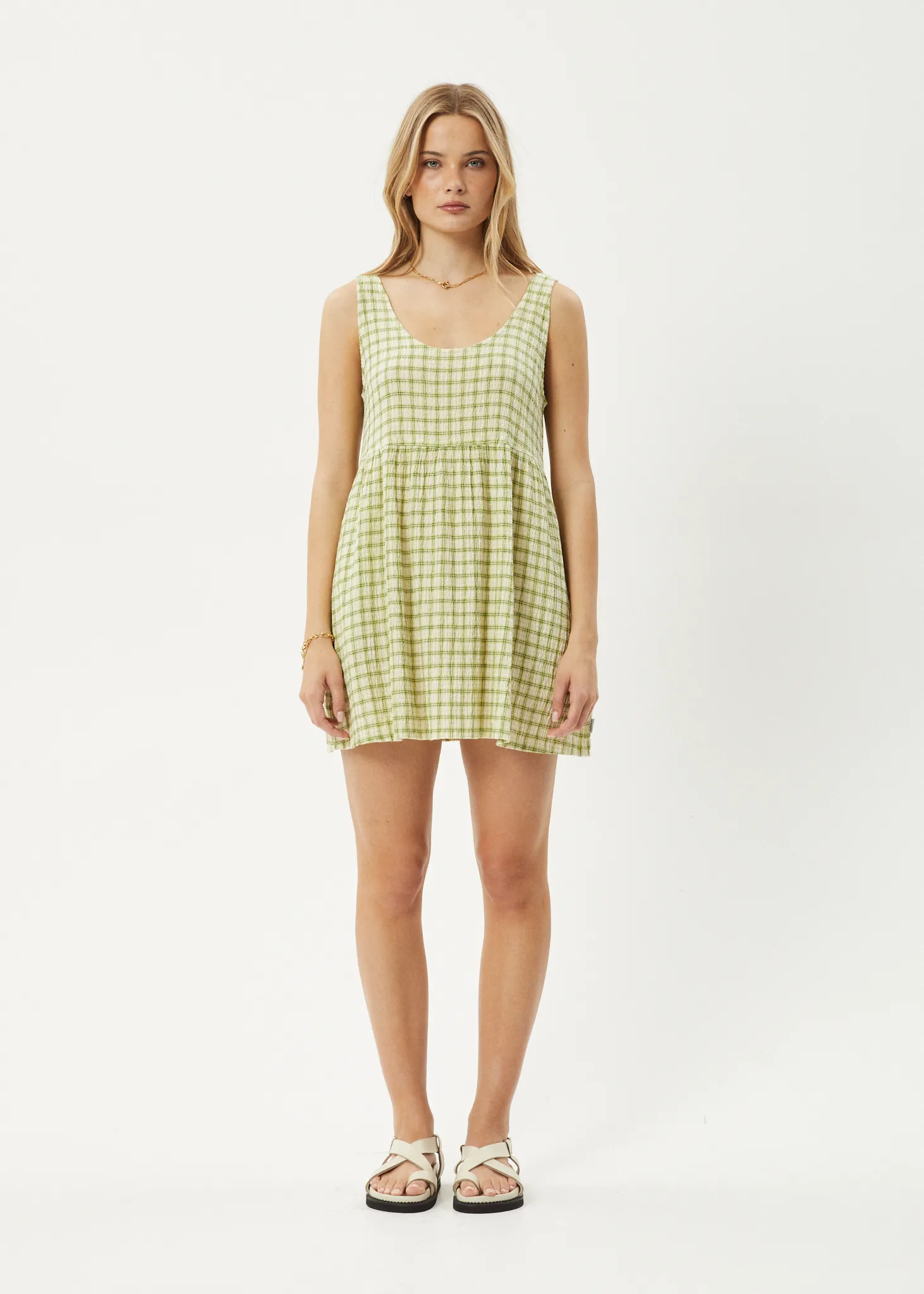 AFENDS Womens Darcy Jesse - Seersucker Mini Dress - Lemongrass Check