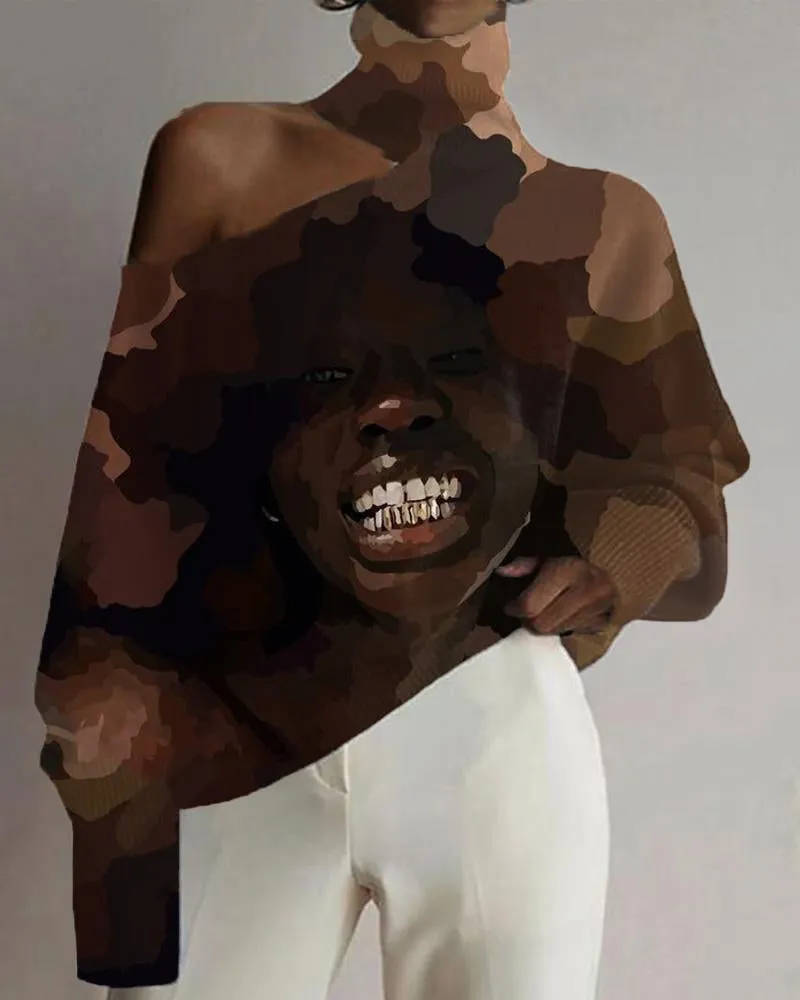Afro Black Art Print Cutout Turtleneck Top
