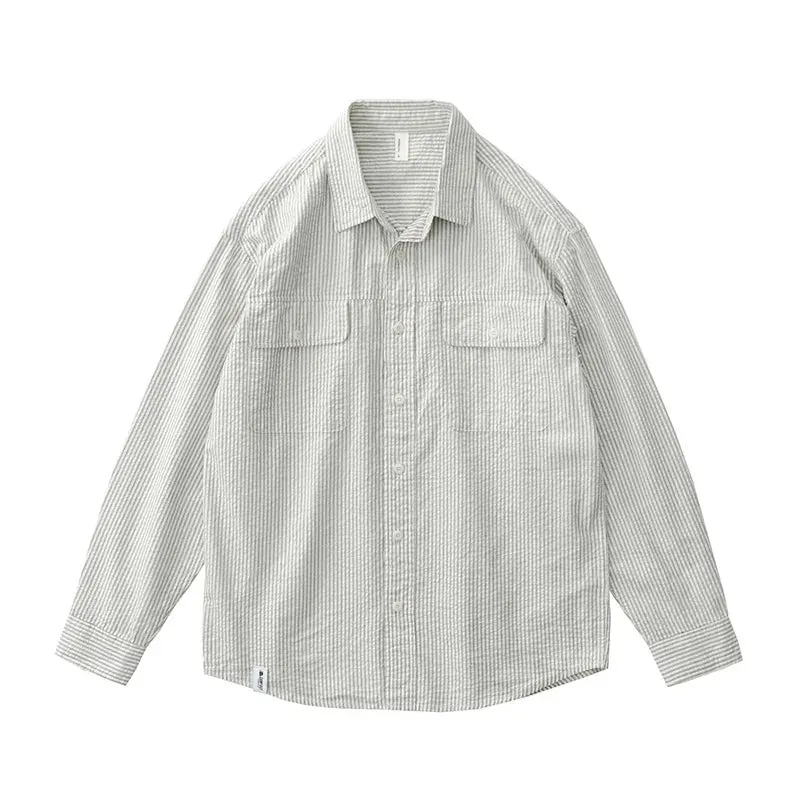 Aidase Japan fashion Retro Seersucker Vertical Stripes Shirts Men's Cotton Spring and Autumn Loose Casual Lazy Plaid Long sleeve Shirt