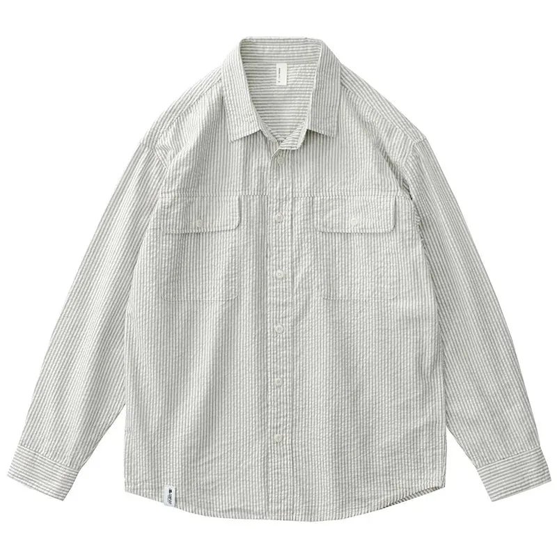 Aidase Japan fashion Retro Seersucker Vertical Stripes Shirts Men's Cotton Spring and Autumn Loose Casual Lazy Plaid Long sleeve Shirt