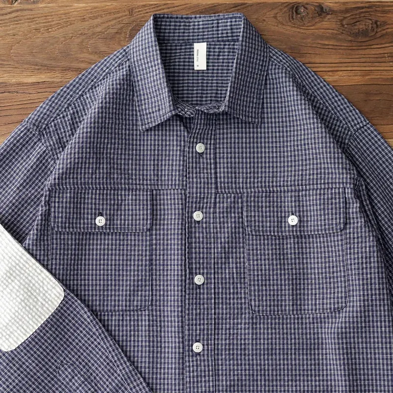 Aidase Japan fashion Retro Seersucker Vertical Stripes Shirts Men's Cotton Spring and Autumn Loose Casual Lazy Plaid Long sleeve Shirt