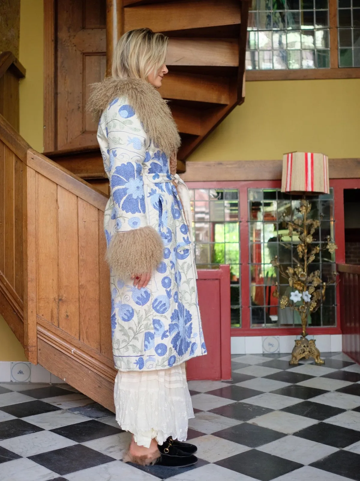 Aisara Wrap Coat - S | Blue Print/White