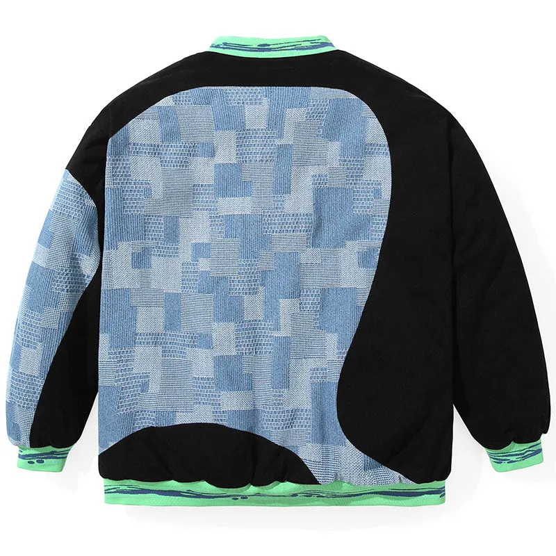 American Plaid Patchwork Baseball Collar Padded Coat