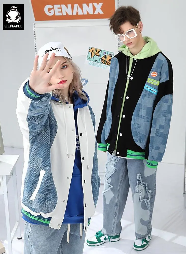American Plaid Patchwork Baseball Collar Padded Coat