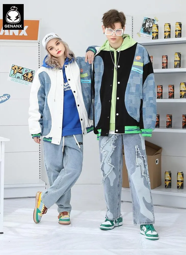 American Plaid Patchwork Baseball Collar Padded Coat