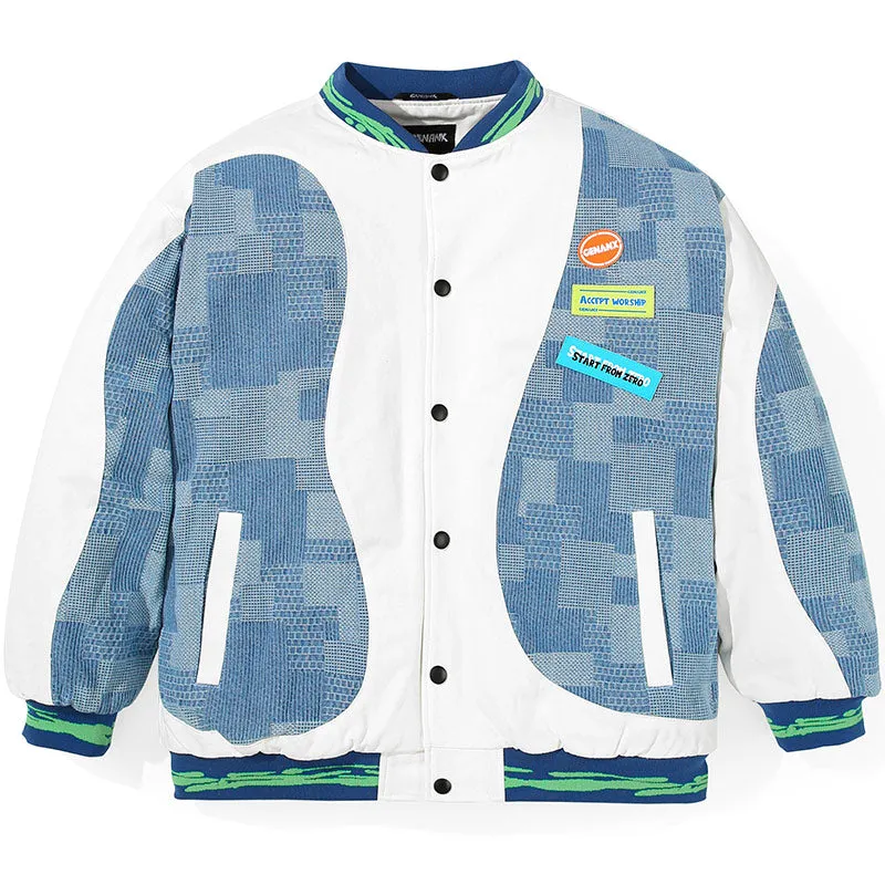 American Plaid Patchwork Baseball Collar Padded Coat