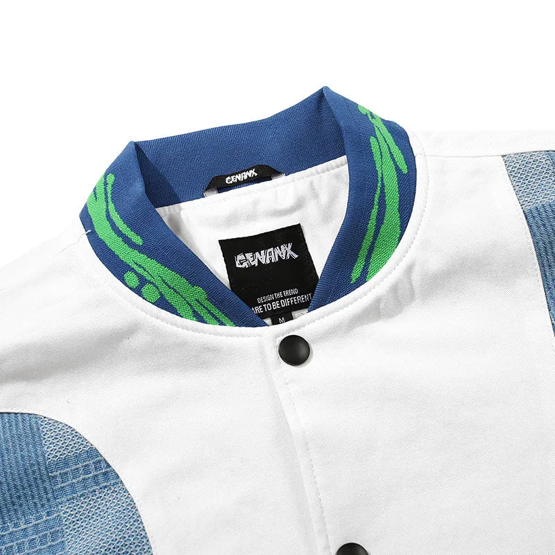 American Plaid Patchwork Baseball Collar Padded Coat