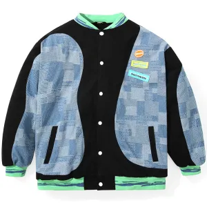American Plaid Patchwork Baseball Collar Padded Coat