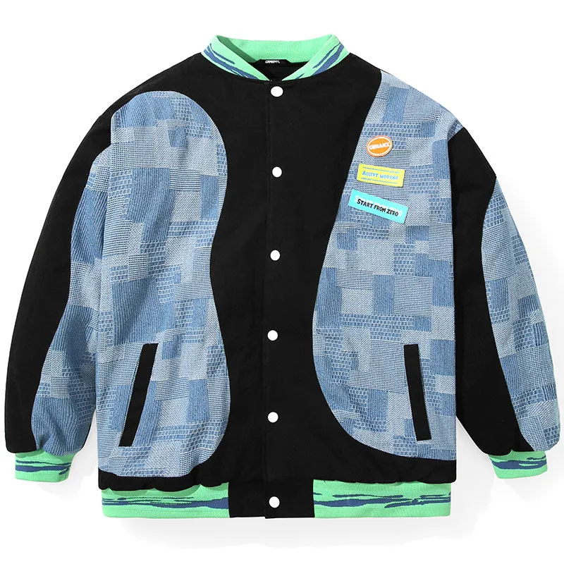 American Plaid Patchwork Baseball Collar Padded Coat