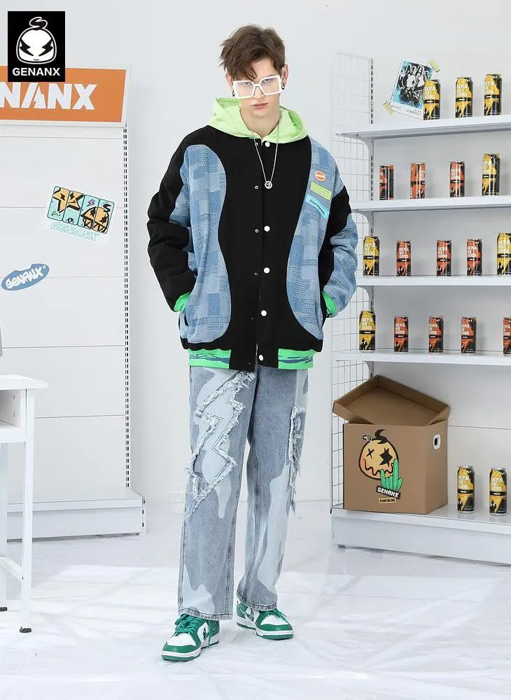 American Plaid Patchwork Baseball Collar Padded Coat