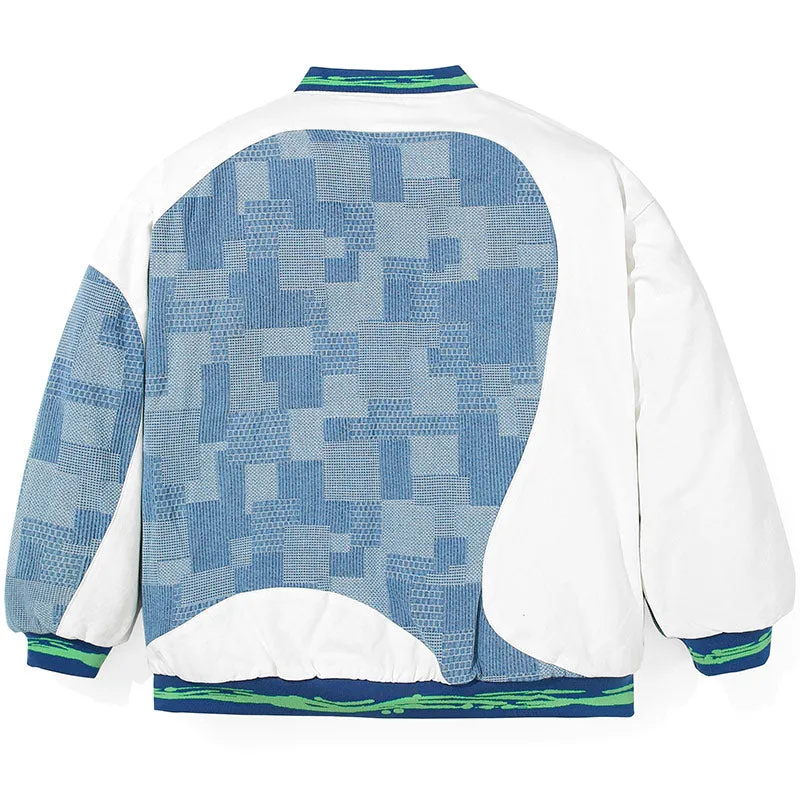 American Plaid Patchwork Baseball Collar Padded Coat