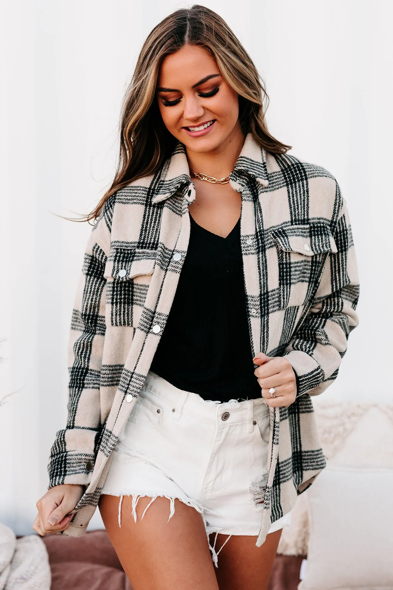 Autumn In Bloom Two Pocket Fleece Plaid Shacket (Tan)