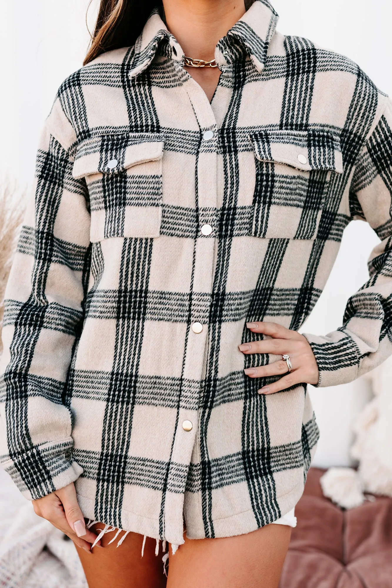 Autumn In Bloom Two Pocket Fleece Plaid Shacket (Tan)