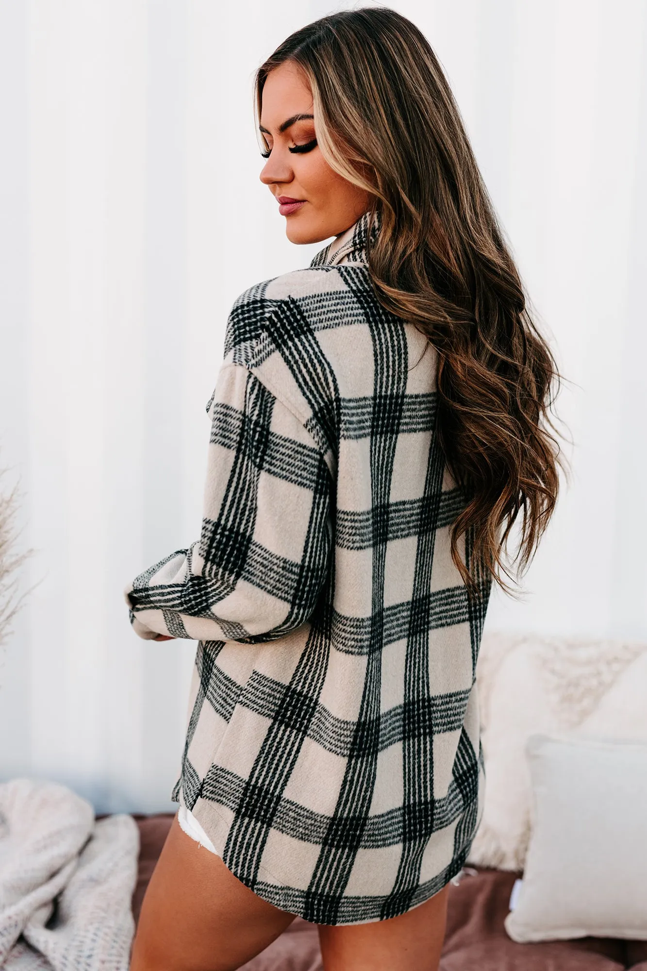 Autumn In Bloom Two Pocket Fleece Plaid Shacket (Tan)
