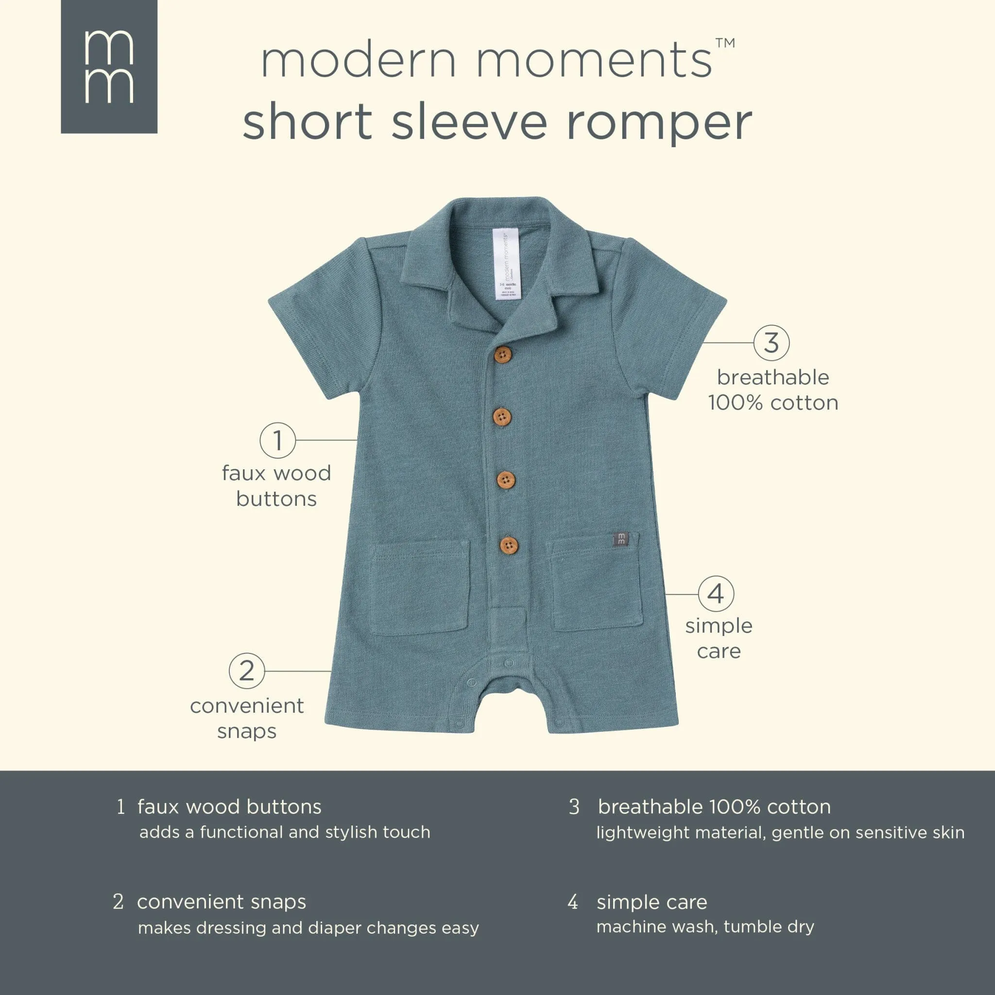 Baby Boys Dark Teal Collared Short Sleeve Romper