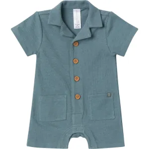 Baby Boys Dark Teal Collared Short Sleeve Romper