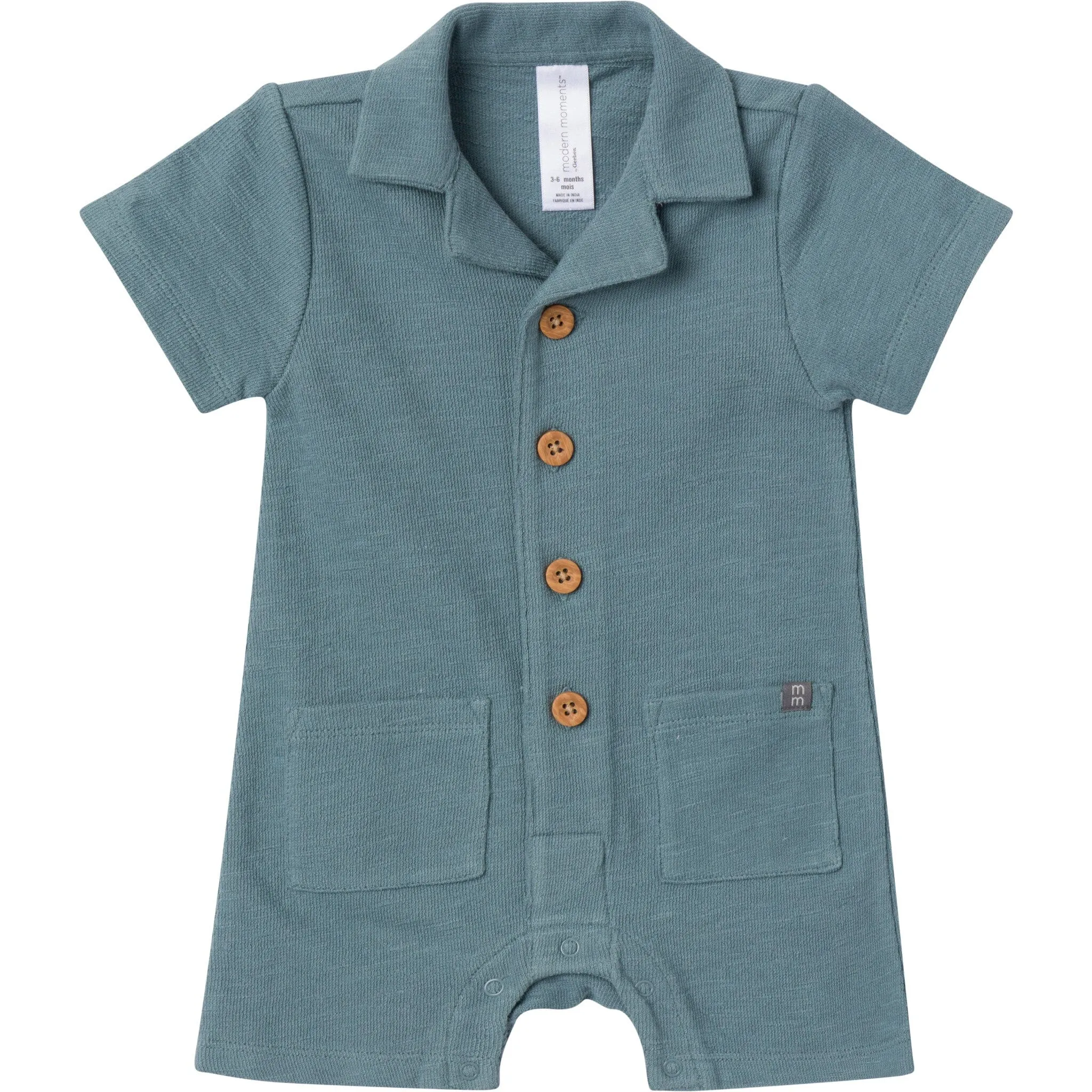 Baby Boys Dark Teal Collared Short Sleeve Romper