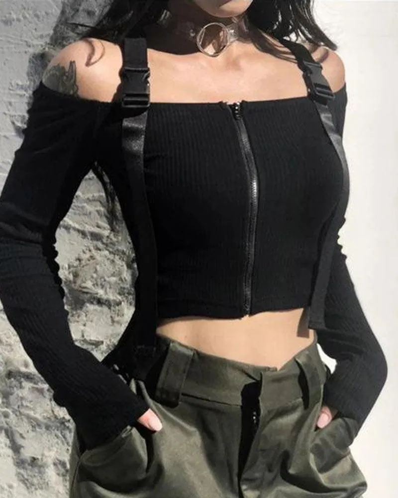 Beautiful In Black Buckle Zipper Top