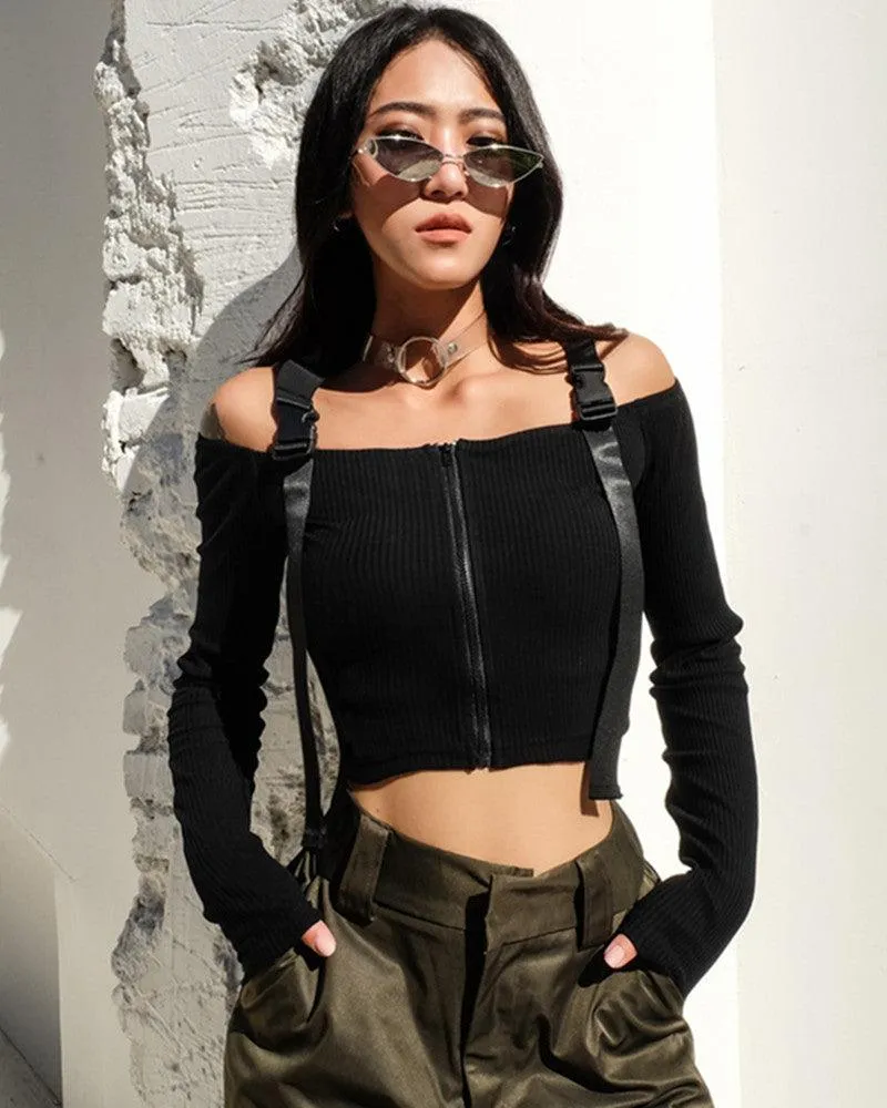 Beautiful In Black Buckle Zipper Top