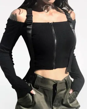 Beautiful In Black Buckle Zipper Top
