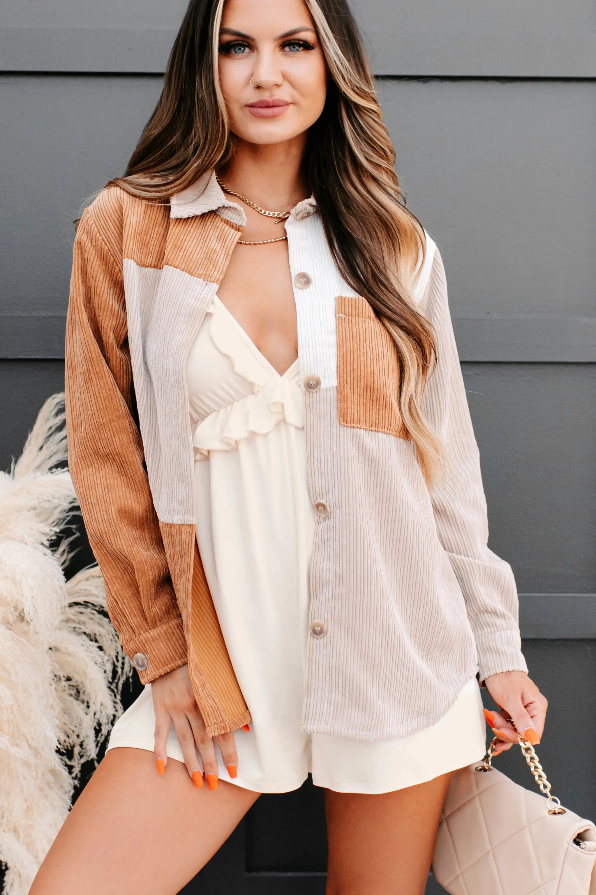 Billie Corduroy Colorblock Shacket (Khaki)