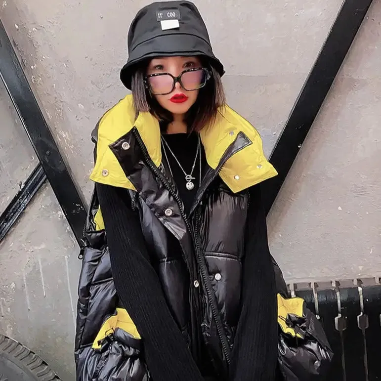 Black and Yellow Padded Loose Detachable Sleeves Hooded Coat