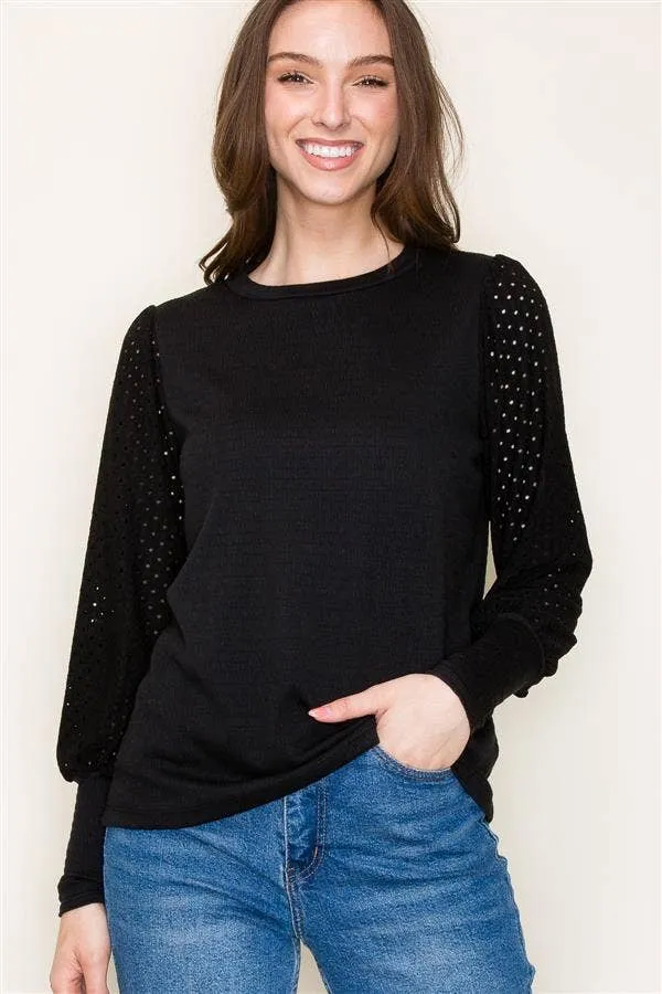 Black Crew Neck Seersucker Top with Puff Eyelet Laced Long Sleeves