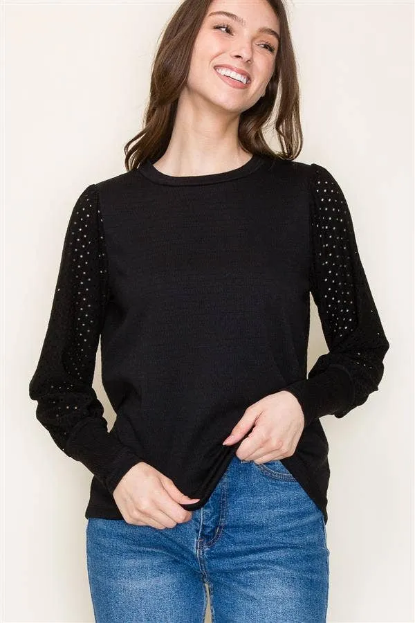 Black Crew Neck Seersucker Top with Puff Eyelet Laced Long Sleeves