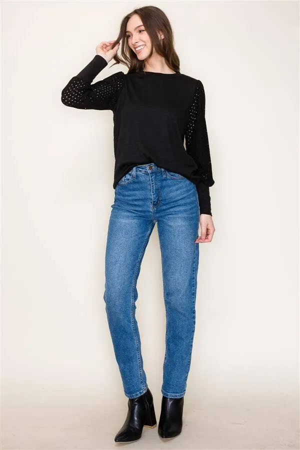 Black Crew Neck Seersucker Top with Puff Eyelet Laced Long Sleeves