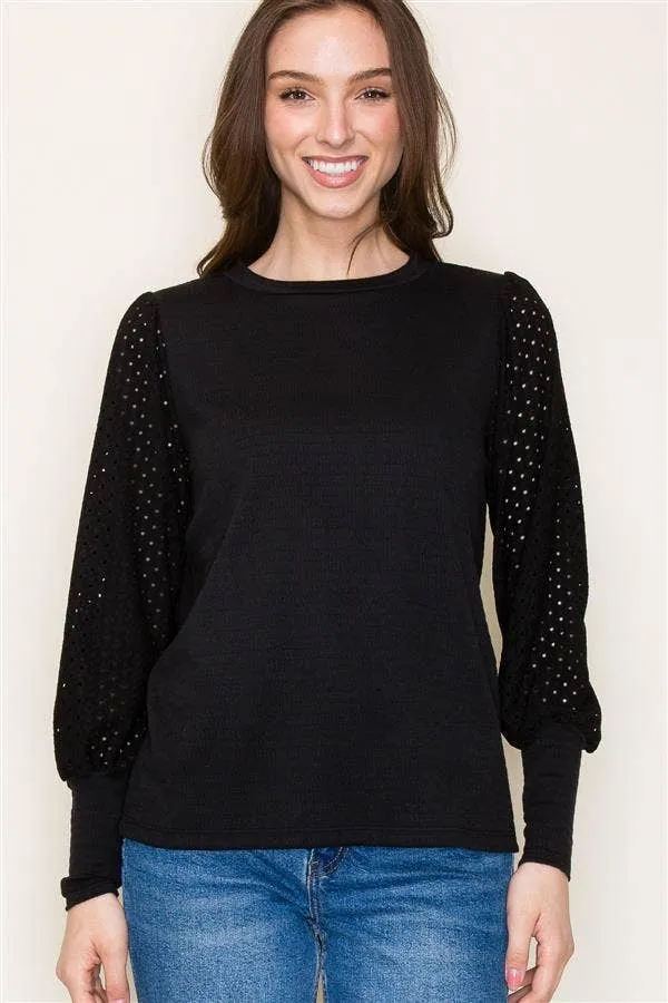 Black Crew Neck Seersucker Top with Puff Eyelet Laced Long Sleeves