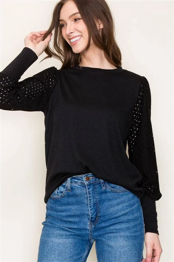 Black Crew Neck Seersucker Top with Puff Eyelet Laced Long Sleeves
