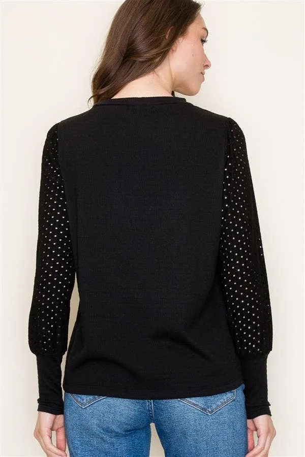 Black Crew Neck Seersucker Top with Puff Eyelet Laced Long Sleeves
