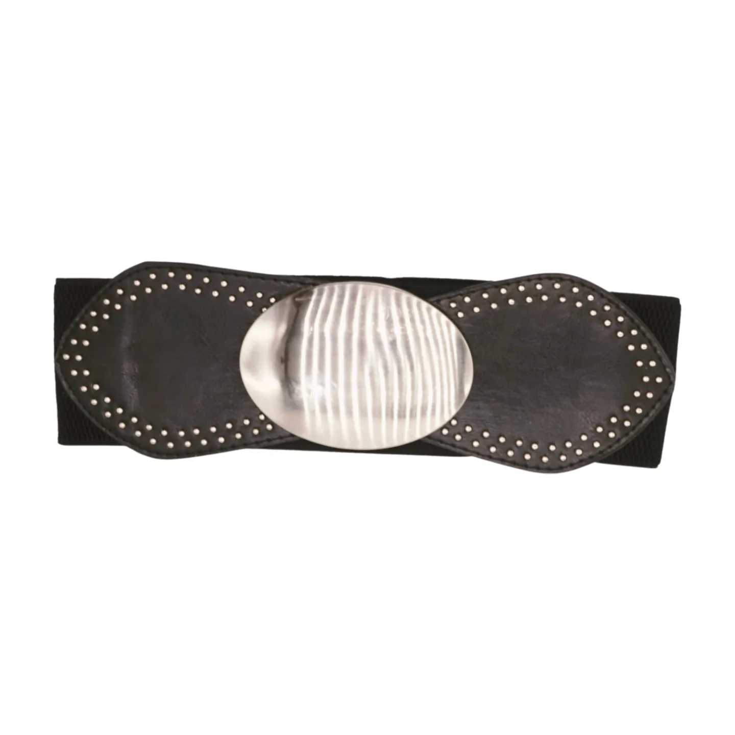Black Faux Leather Elastic Belt Silver Studs Oval Buckle S M