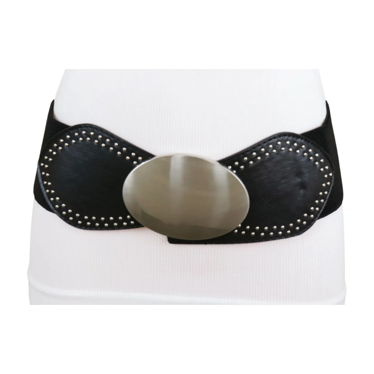 Black Faux Leather Elastic Belt Silver Studs Oval Buckle S M