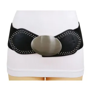 Black Faux Leather Elastic Belt Silver Studs Oval Buckle S M