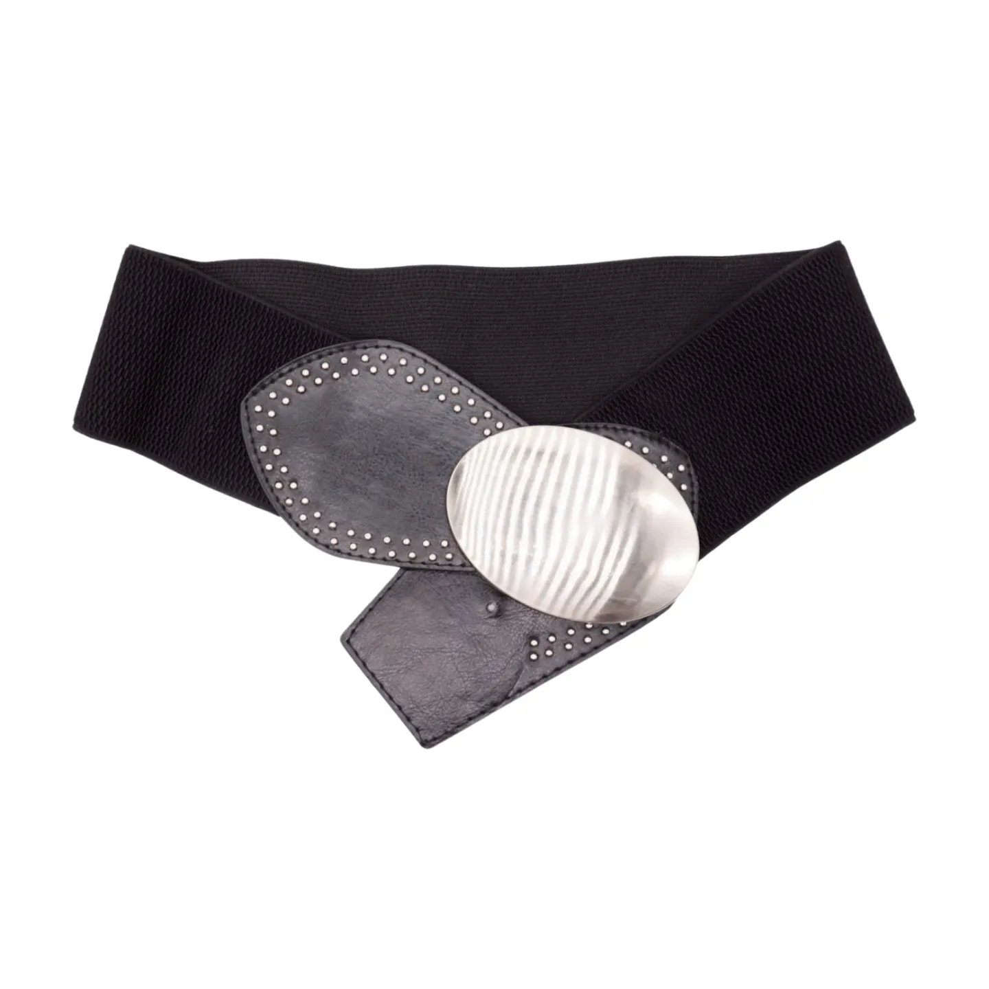 Black Faux Leather Elastic Belt Silver Studs Oval Buckle S M