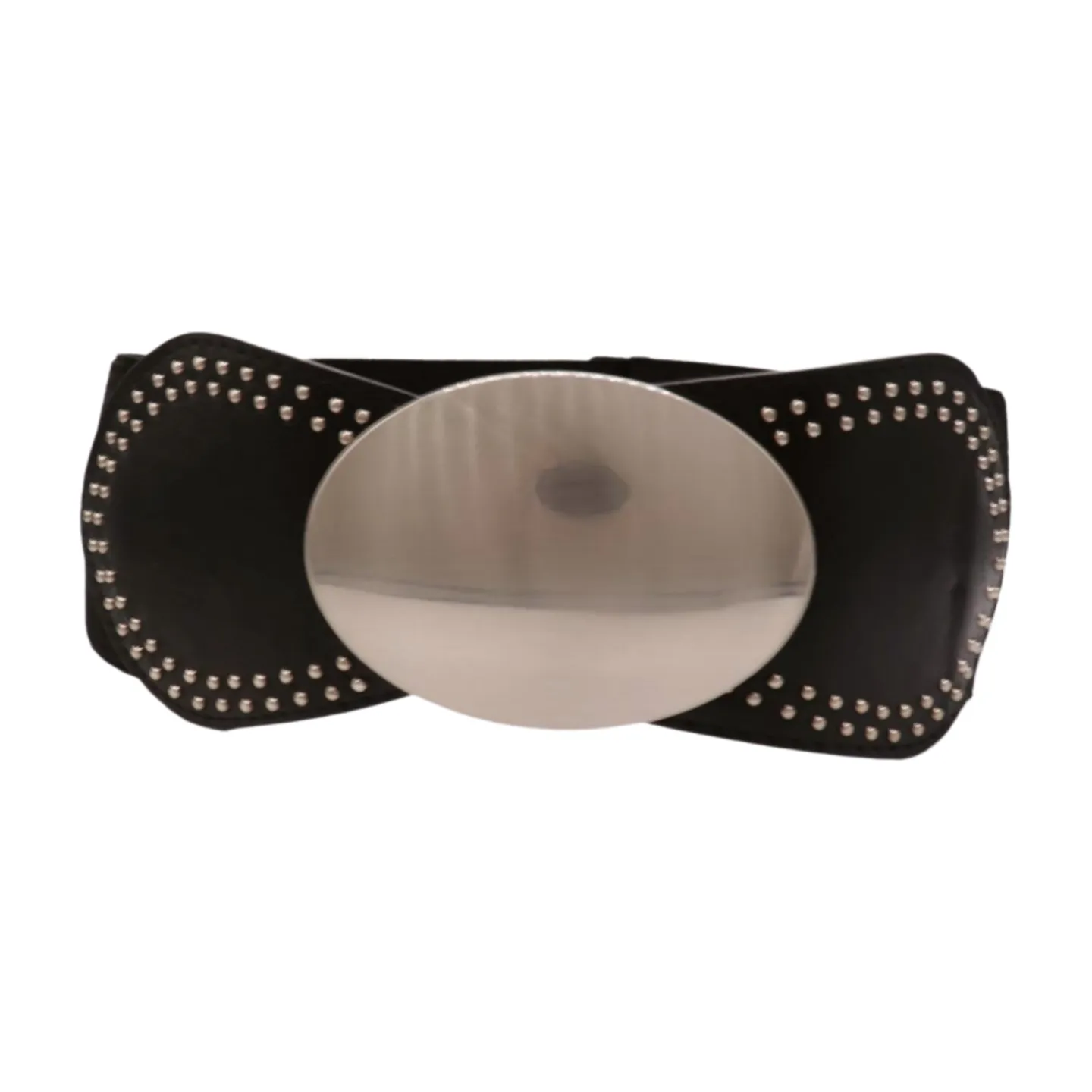 Black Faux Leather Elastic Belt Silver Studs Oval Buckle S M