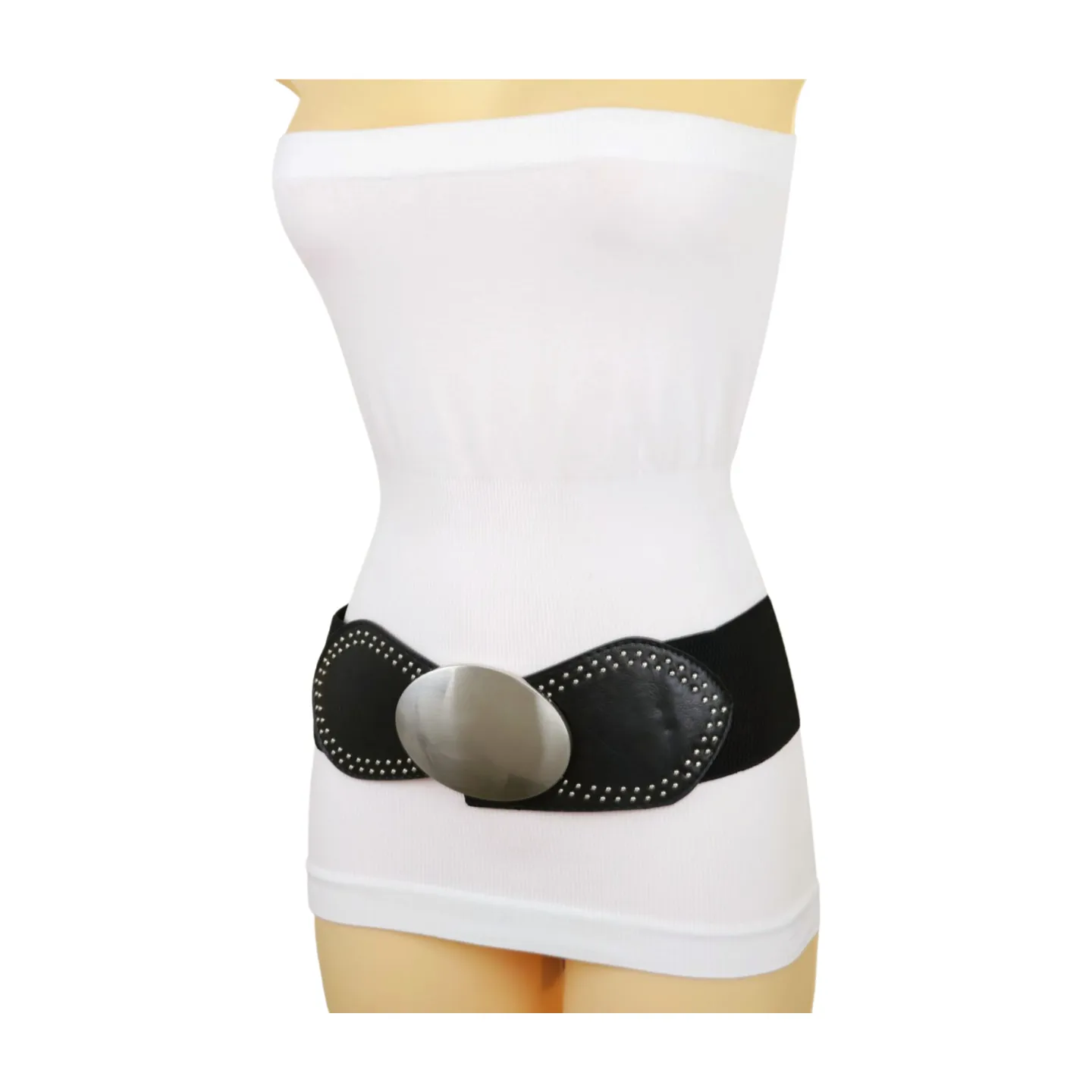 Black Faux Leather Elastic Belt Silver Studs Oval Buckle S M