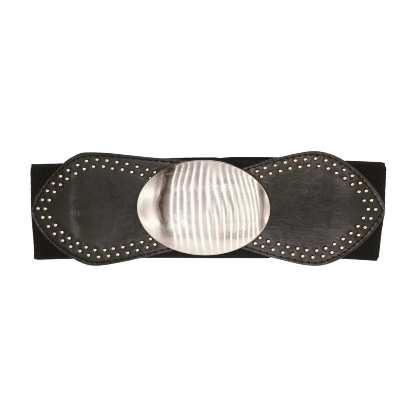 Black Faux Leather Elastic Belt Silver Studs Oval Buckle S M