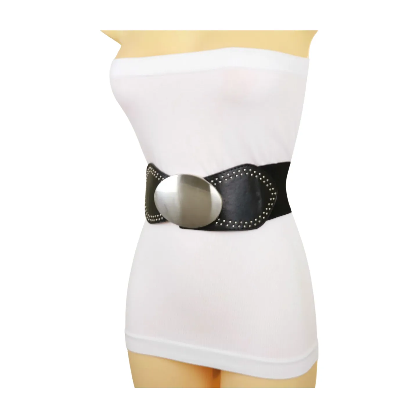 Black Faux Leather Elastic Belt Silver Studs Oval Buckle S M