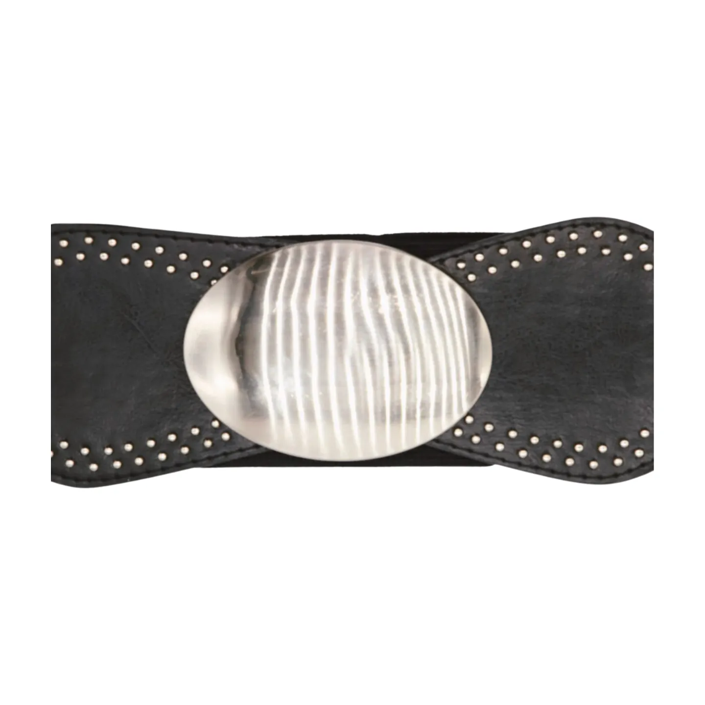 Black Faux Leather Elastic Belt Silver Studs Oval Buckle S M